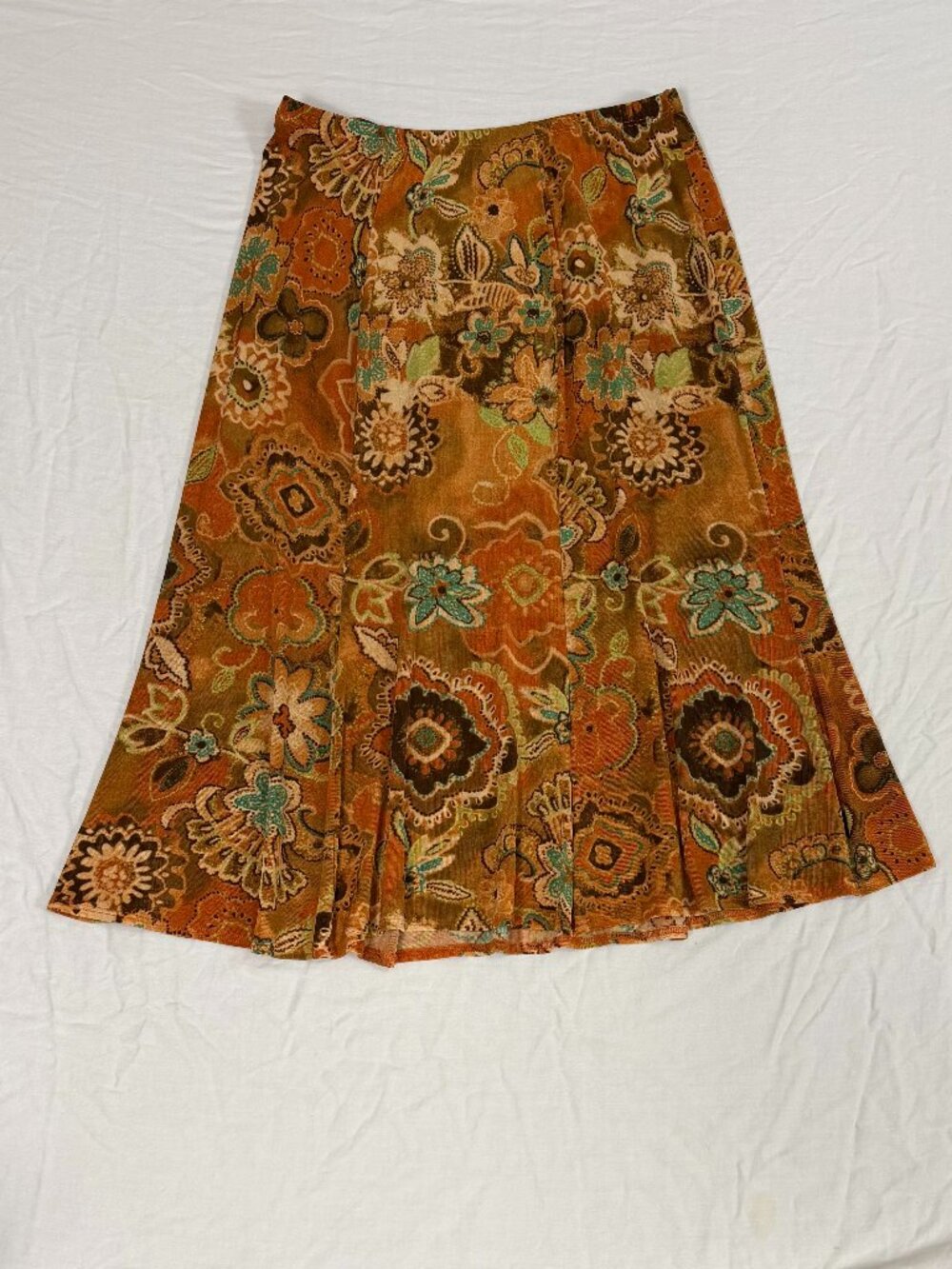 West End Floral Midi Skirt Women's Large Burnt Orange Boho Elastic Waist
